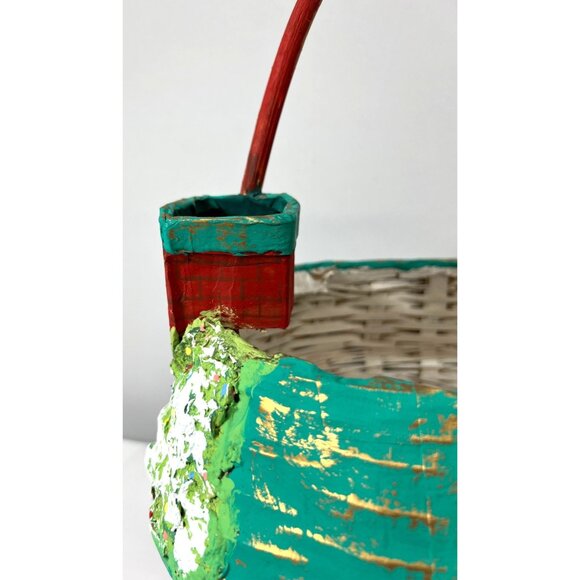 Hand-Painted Holiday Basket Cottage Design Wicker & Wood, Plaster Of Paris - Picture 4 of 8